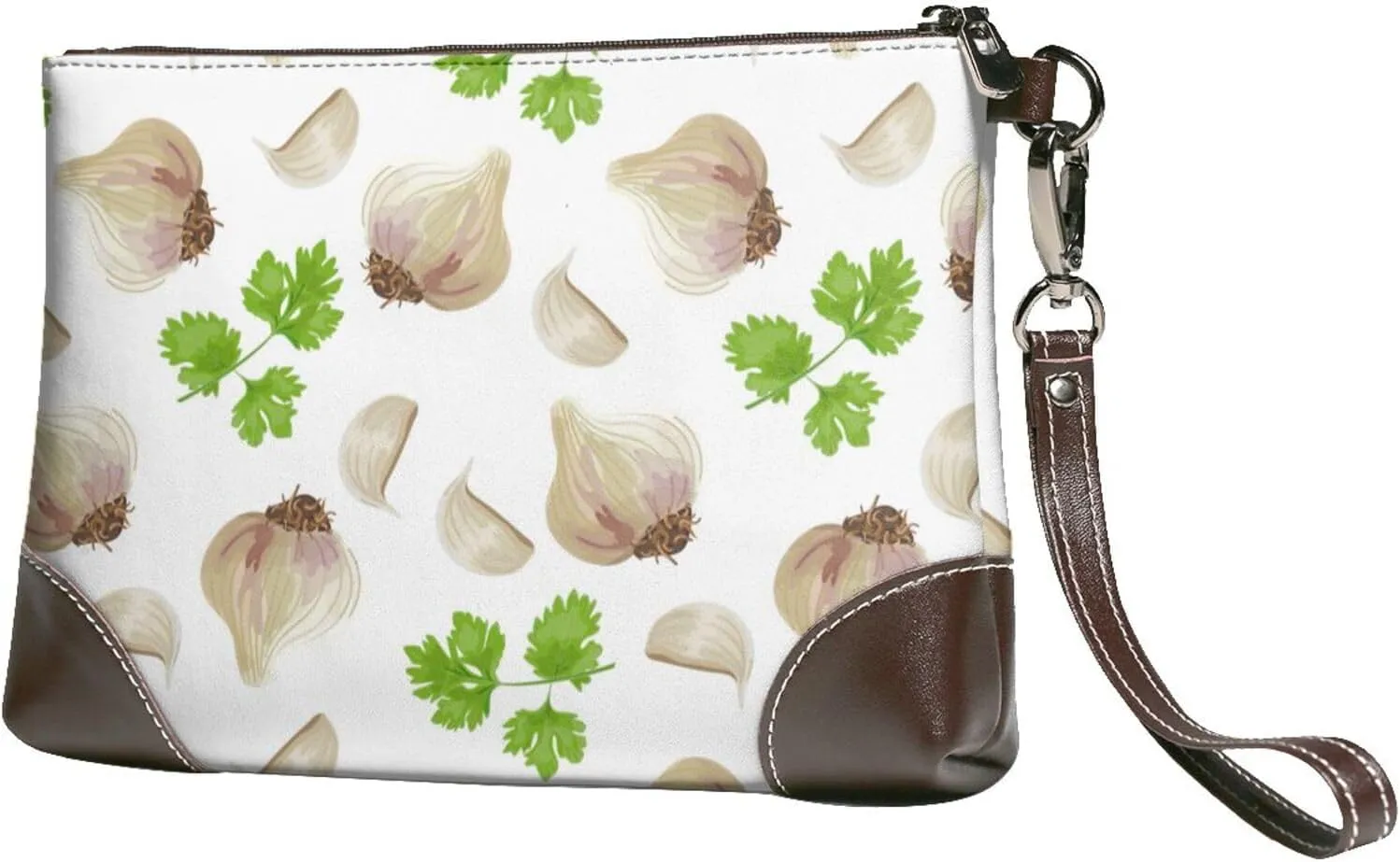 Small Clutch Purses for Women - Garlic Coriander Pattern Leather Wristlet Wallets for Women with Wrist Strap
