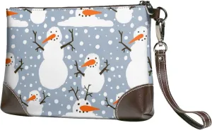 Small Clutch Purses for Women - Happy Snowmen Snowfall Leather Wristlet Wallets for Women with Wrist Strap
