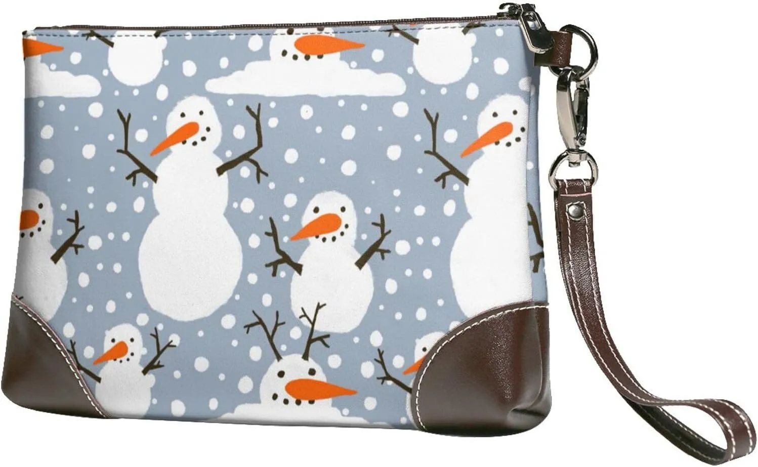 Small Clutch Purses for Women - Happy Snowmen Snowfall Leather Wristlet Wallets for Women with Wrist Strap