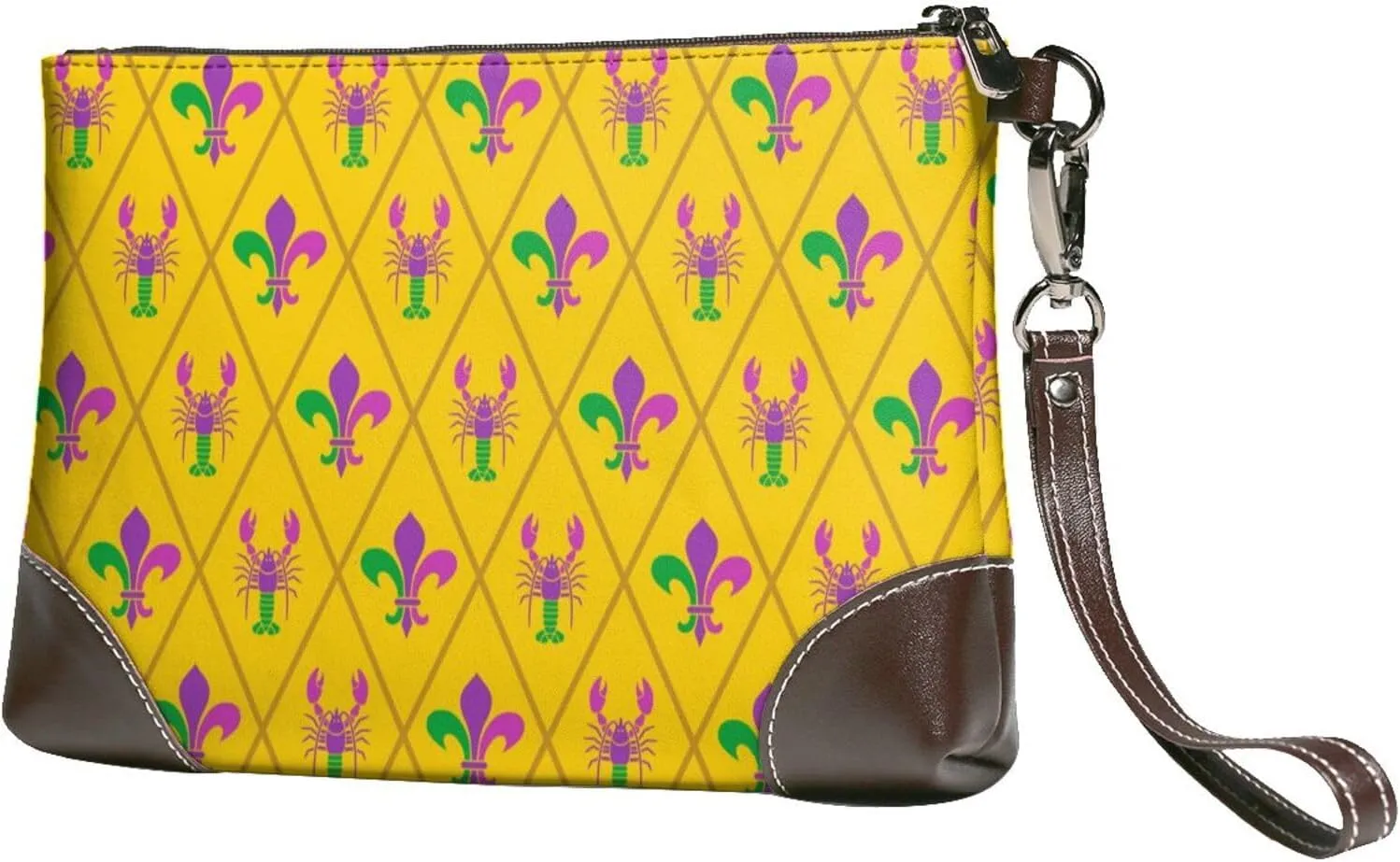 Small Clutch Purses for Women - Mardi Gras Crayfish And Fleur De Lis Leather Wristlet Wallets for Women with Wrist Strap