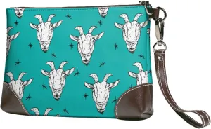 Small Clutch Purses for Women - Modern Cartoon Goat Head White Leather Wristlet Wallets for Women with Wrist Strap