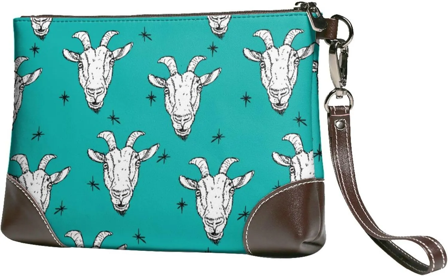 Small Clutch Purses for Women - Modern Cartoon Goat Head White Leather Wristlet Wallets for Women with Wrist Strap
