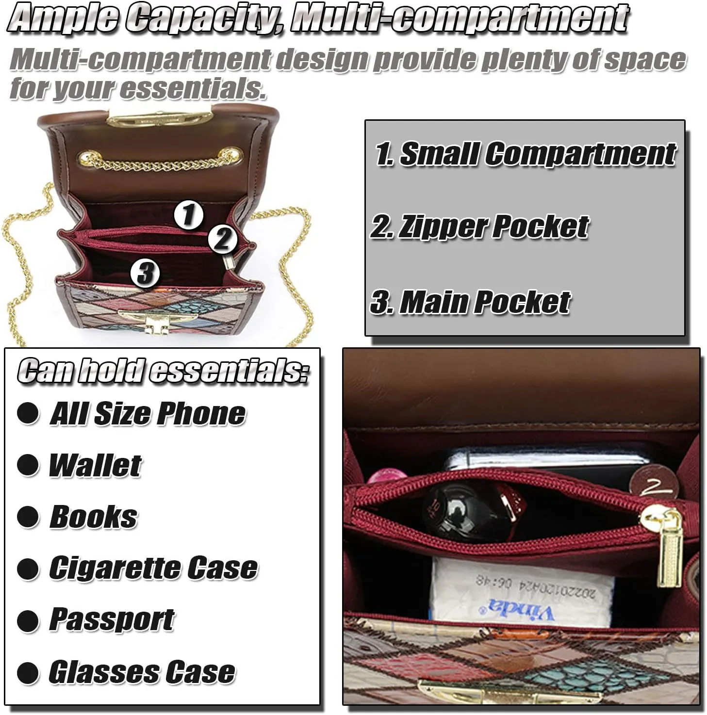 Small Crossbody Bag for Women, Ladies Embossed Genuine Leather Shoulder Bags Unique Fashion Cell Phone Purse with Chain Strap