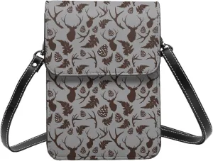 Small Crossbody Bags for Women, Leather Brown Moose With Pinecones Cell Phone Cross Body Bag Wallet Purses