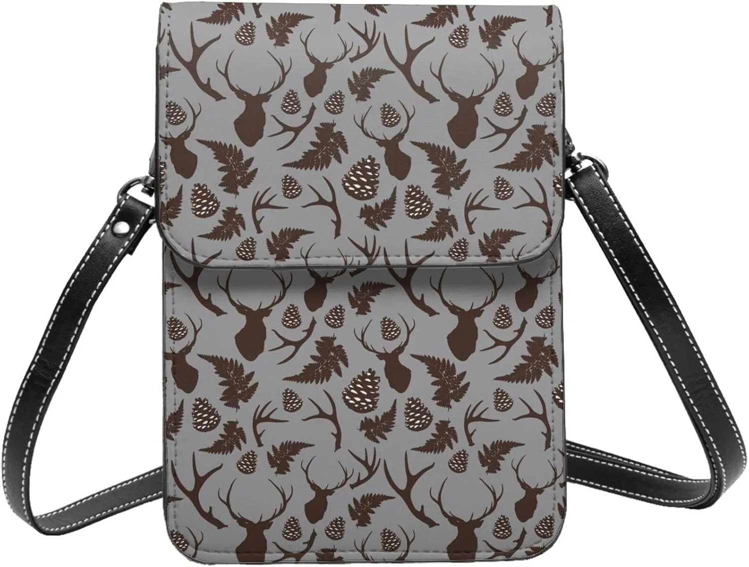 Small Crossbody Bags for Women, Leather Brown Moose With Pinecones Cell Phone Cross Body Bag Wallet Purses