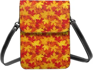 Small Crossbody Bags for Women, Leather Vintage Maple Leaves Autumn Cell Phone Cross Body Bag Wallet Purses