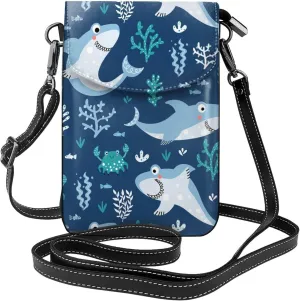Small Crossbody Bags for Women Ocean Shark Seaweed Travel Cell Phone Pouch Cross Body PU Leather Phone Purse Lightweight Wallet Purses with Credit Card Slots and Adjustable Shoulder Strap