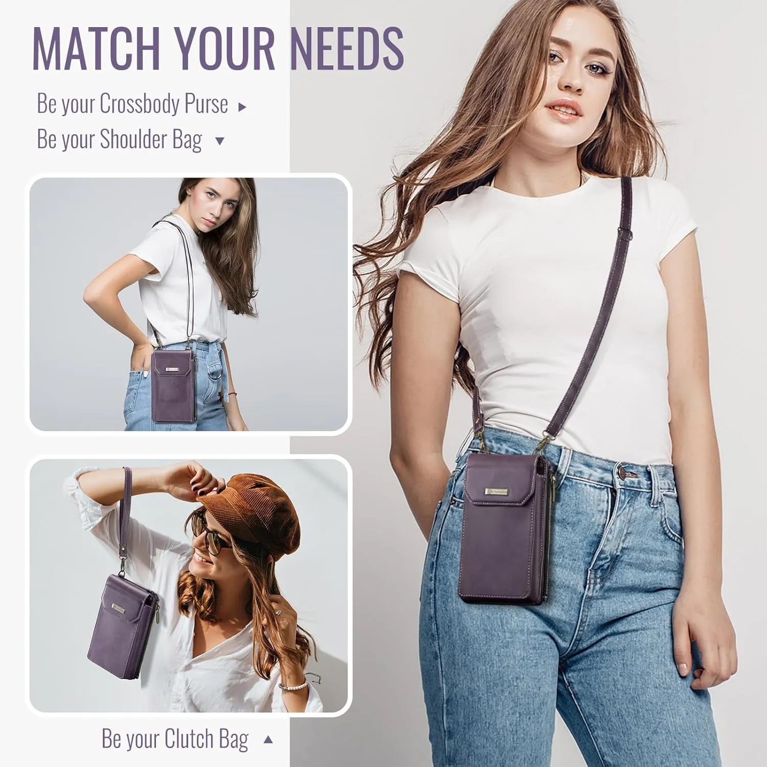 Small Crossbody Phone Purse with Shoulder Strap   Wristlet, RFID Blocking Cell Phone Holder Wallet Handbag, Built-in 10 Card Slots   Zip Pocket, Grape Purple