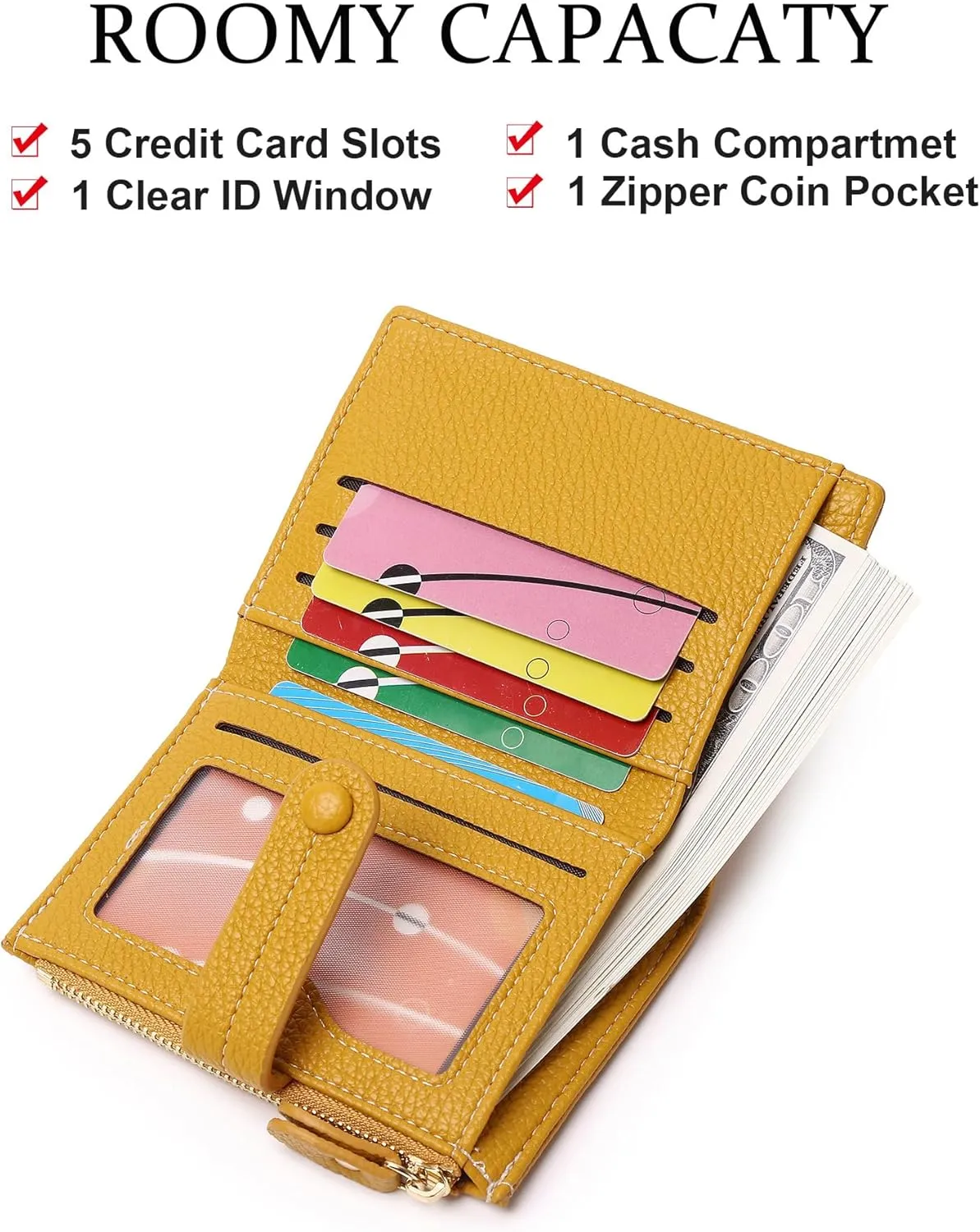 Small Wallet for Women,Leather RFID Blocking Wallets Women,Bifold Wallets Ladies Card Holder Zipper Coin Pocket with ID Window Yellow