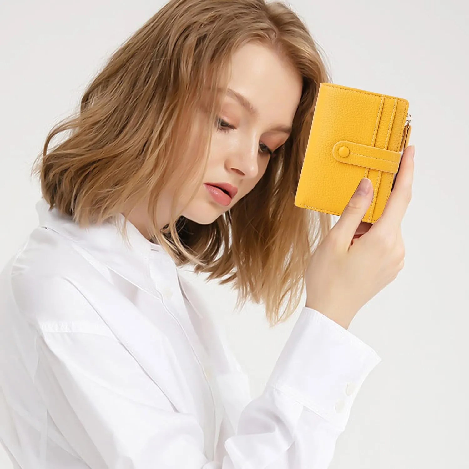 Small Wallet for Women,Leather RFID Blocking Wallets Women,Bifold Wallets Ladies Card Holder Zipper Coin Pocket with ID Window Yellow
