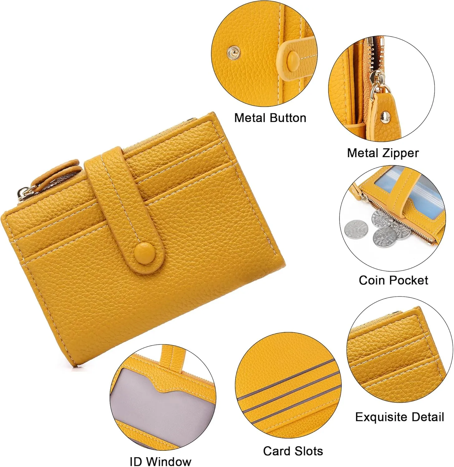 Small Wallet for Women,Leather RFID Blocking Wallets Women,Bifold Wallets Ladies Card Holder Zipper Coin Pocket with ID Window Yellow