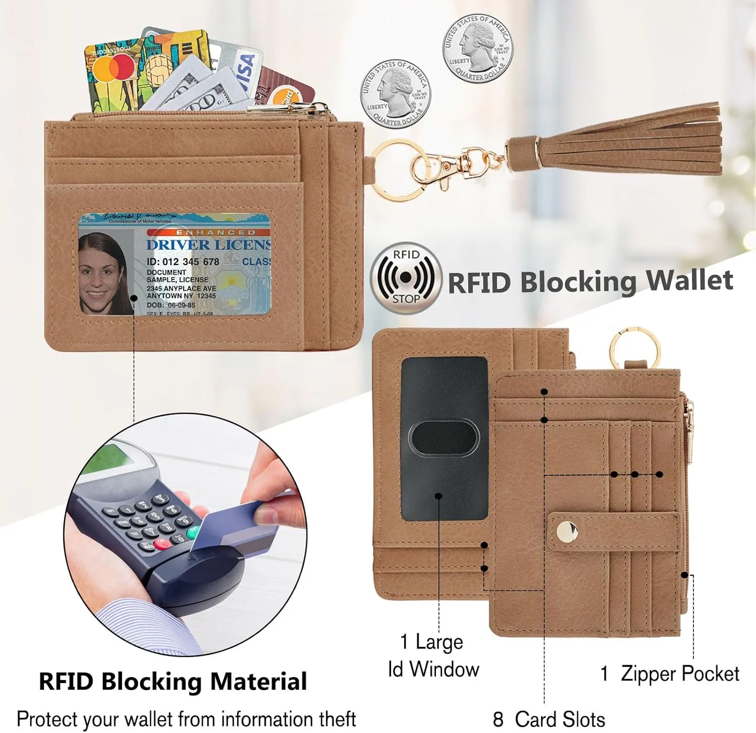 Small Wristlet Wallets for Women RFID Credit Card Holder Wallet Keychain Wristlet Wallet Credit Card Wallets for Women (Camel)