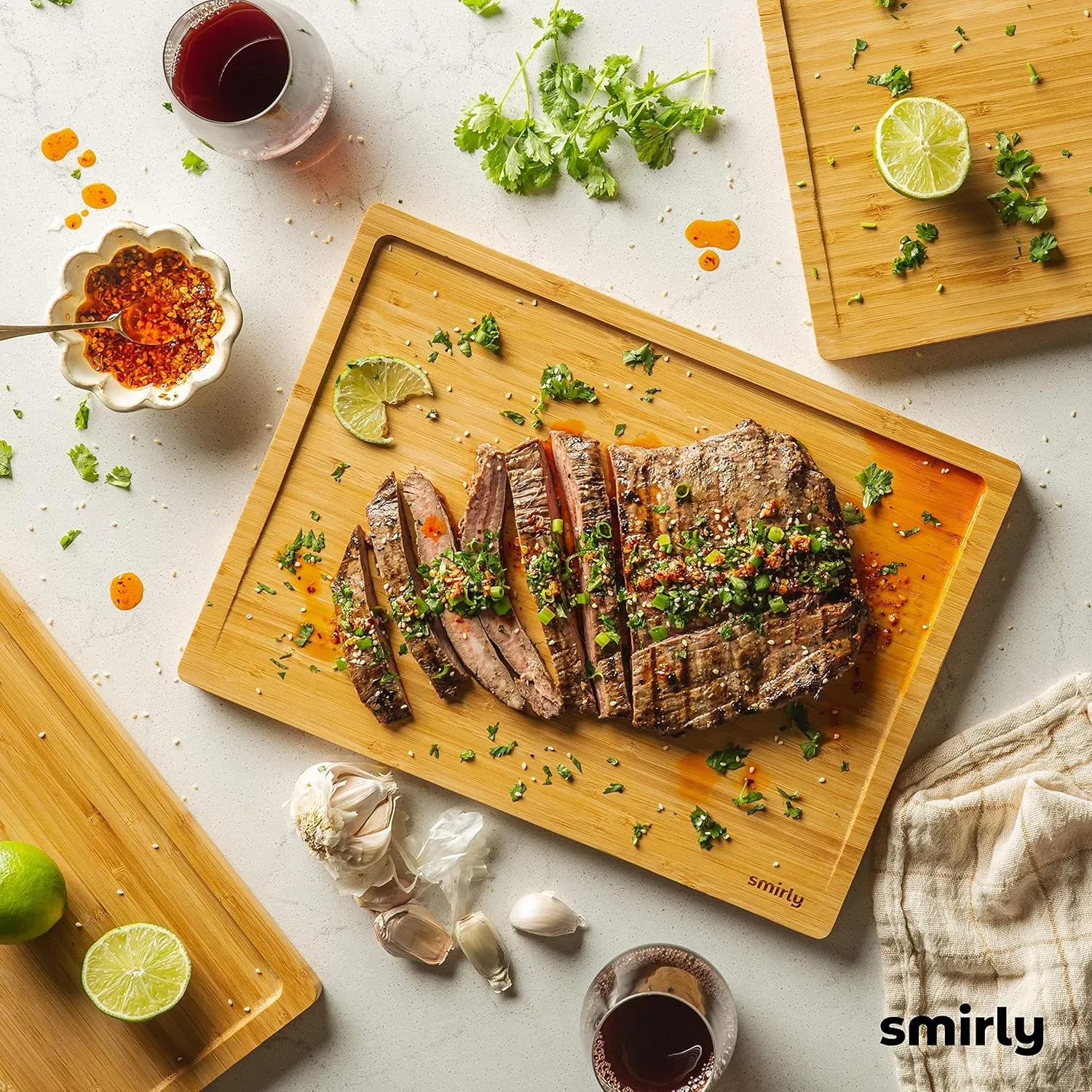 SMIRLY Wooden Cutting Boards For Kitchen Meal Prep & Serving - Bamboo Cutting Board Set with Holder, Charcuterie & Chopping Board, Wood Cutting Board Set, Kitchen Gadgets