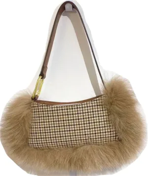 SN-01 Woman’s Fluffy Shoulder Bag With Real Fox Fur Trimming And Short Strap Leather Handbag Evening Purse For Women Furry Big Fluffy Fur Trimmed Small Bags (Camel)