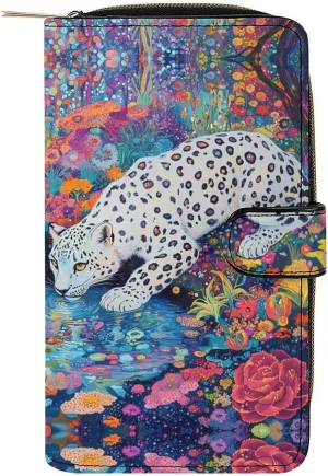 Snow Leopard Psychedelic Garden Stream Leather Wallet Card Holder Wallets Clutch for Men Women Large with Money Clip