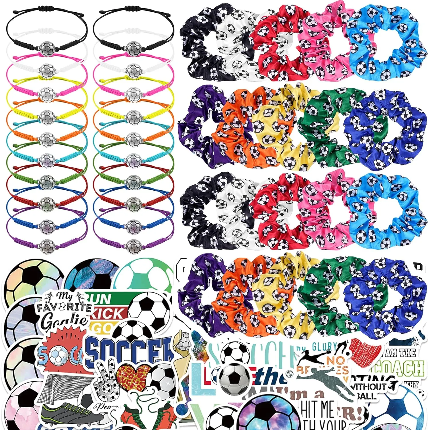 Soccer Party Favor Set with 20 Pcs Satin Soccer Scrunchies Hair Ties,20 Pcs Adjustable Soccer Bracelet and 100 Pcs Soccer Stickers Soccer Birthday Party Decoration for Sports Themed Party Favor