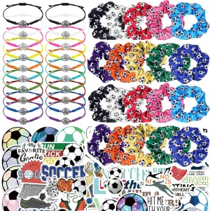 Soccer Party Favor Set with 20 Pcs Satin Soccer Scrunchies Hair Ties,20 Pcs Adjustable Soccer Bracelet and 100 Pcs Soccer Stickers Soccer Birthday Party Decoration for Sports Themed Party Favor