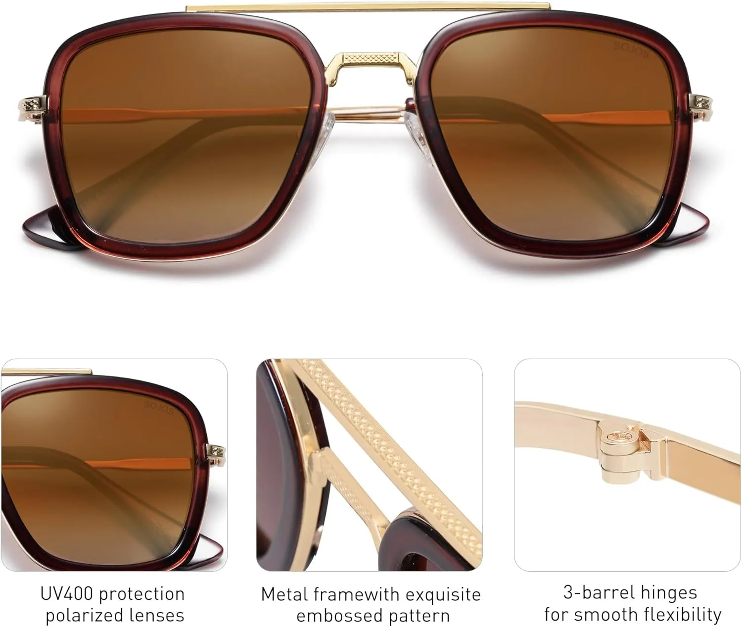 SOJOS Polarized Sunglasses for Men Women Retro Aviator Square Goggle Classic Alloy Frame HERO SJ1126