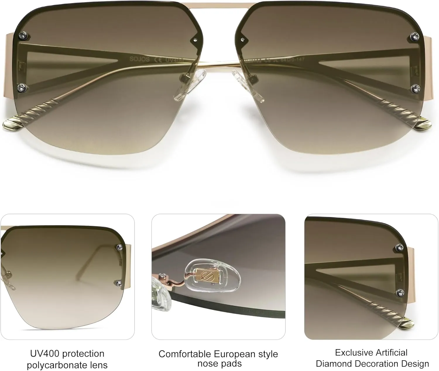 SOJOS Trendy Aviator Sunglasses Mens Womens Retro Metal Rimless Frame Shades Lentes De Sol Para Mujer SJ1192