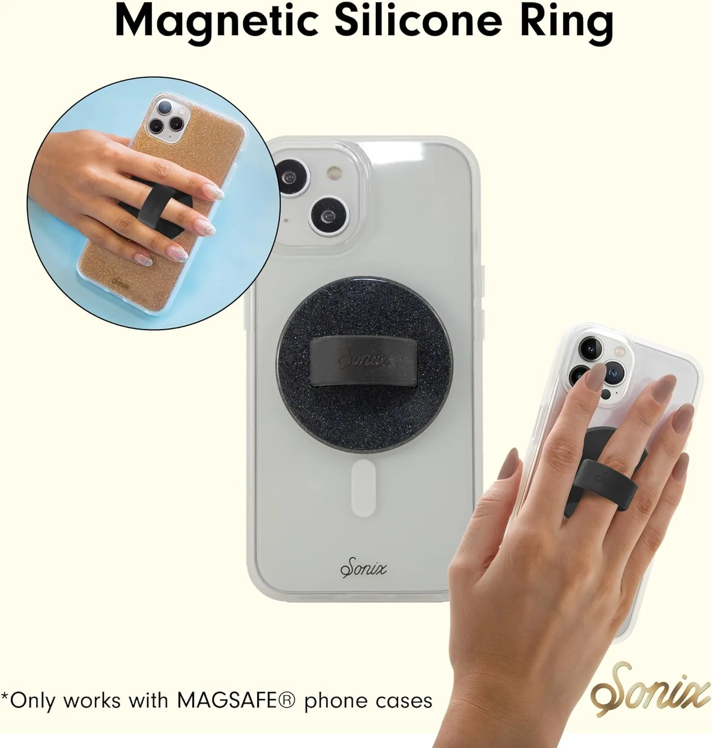 Sonix Magnetic Phone Grip, MagSafe Silicone Ring Loop Grip - Detachable Holder for Hand, Soft MagSafe Grip | Glitter Black