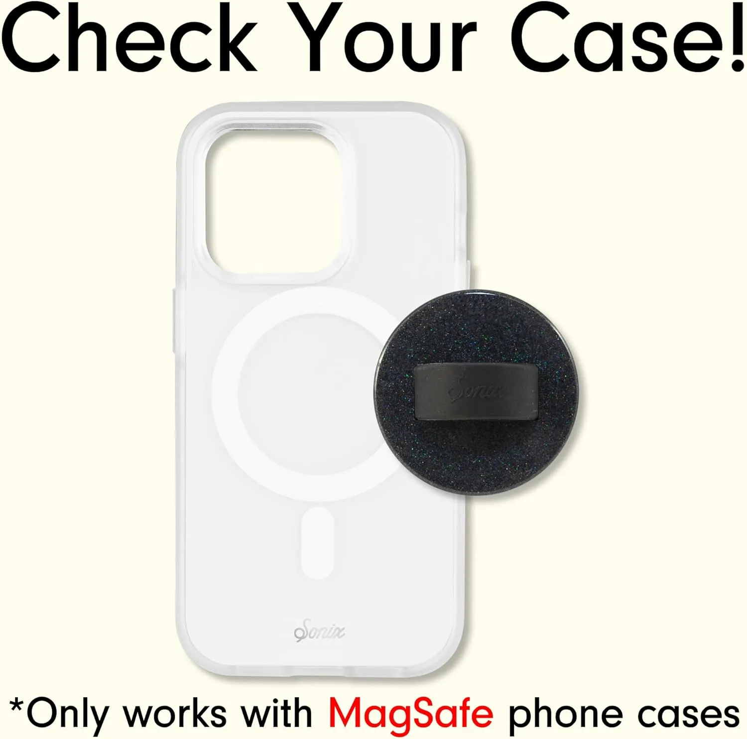 Sonix Magnetic Phone Grip, MagSafe Silicone Ring Loop Grip - Detachable Holder for Hand, Soft MagSafe Grip | Glitter Black