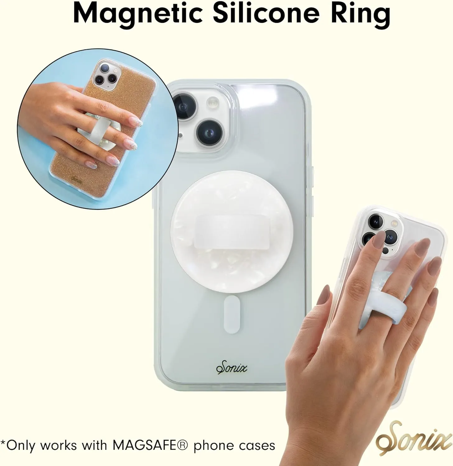 Sonix Magnetic Phone Grip, MagSafe Silicone Ring Loop Grip - Detachable Holder for Hand, Soft MagSafe Grip | White Pearl Tort