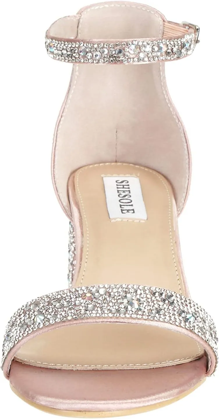 Sparkly Sandals Women Rhinestone Heels Wedding Shoes for Bride Low Block Strappy Heels Gold Glitter