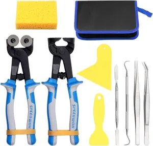 SPEEDWOX 10PCS Heavy Duty Glass Mosaic Nippers Tile Cutting Pliers Set with Tweezers Scrapers Double-ended Hook Spatula Sponge Leather Zipper Bag Stained Glass Tools Mosaic Tools Kit