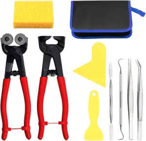 SPEEDWOX 10PCS Mosaic Tools Kit Heavy Duty Glass Mosaic Nippers Tile Cutting Pliers Set with Tweezers Scrapers Double-ended Hook Spatula Sponge Leather Zipper Bag Stained Glass Tools
