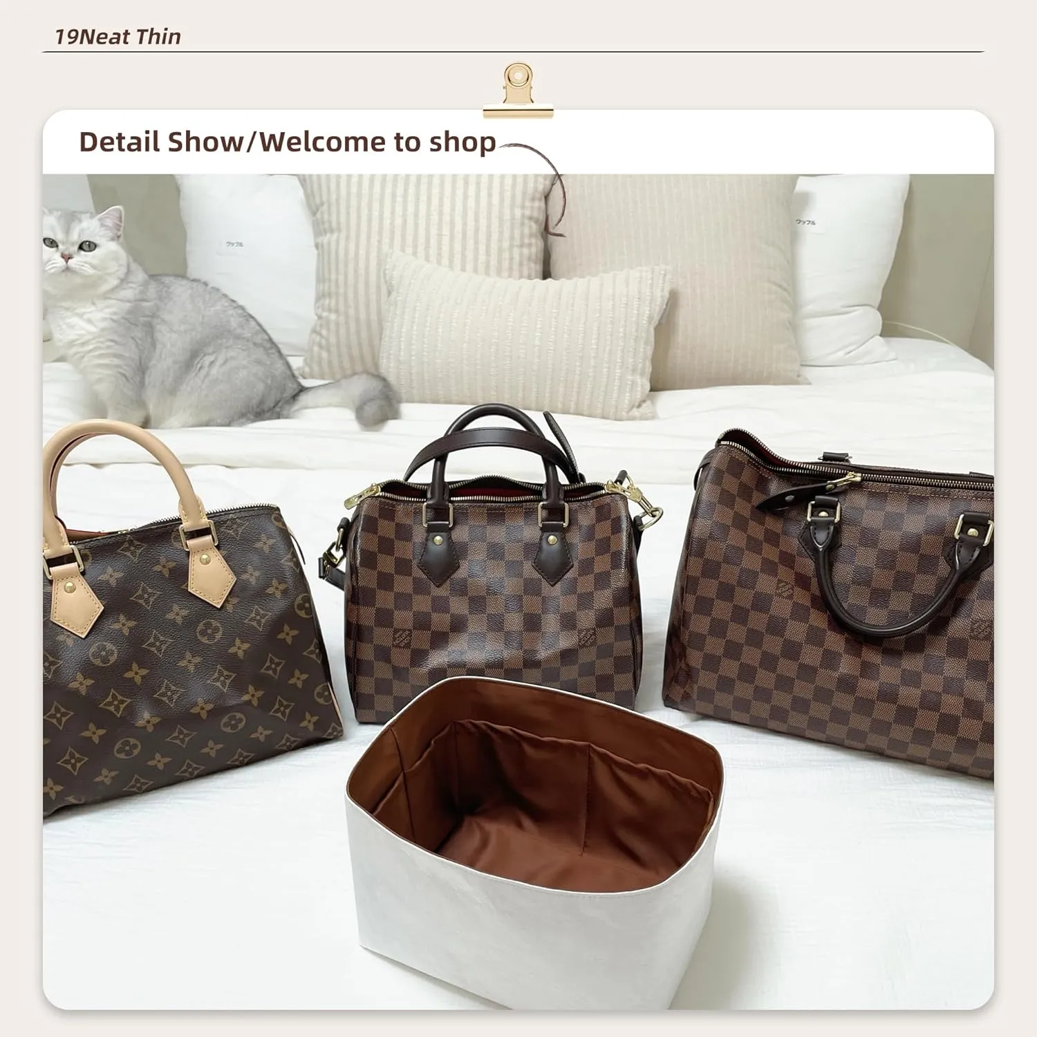 Speedy Purse Organizer Insert, Lightweight Portable Purse Inner Compatible with LV Speedy 20 Bag, Made of Waterproof Dupontpaper Surface and Silky Satin Lining (Speedy 20, Gold)