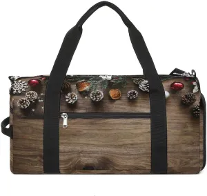 Sport Gym Duffel with Shoe Compartment Wet Pocket, Christmas-wooden Print Shoulder Travel Bag for Women Men, style