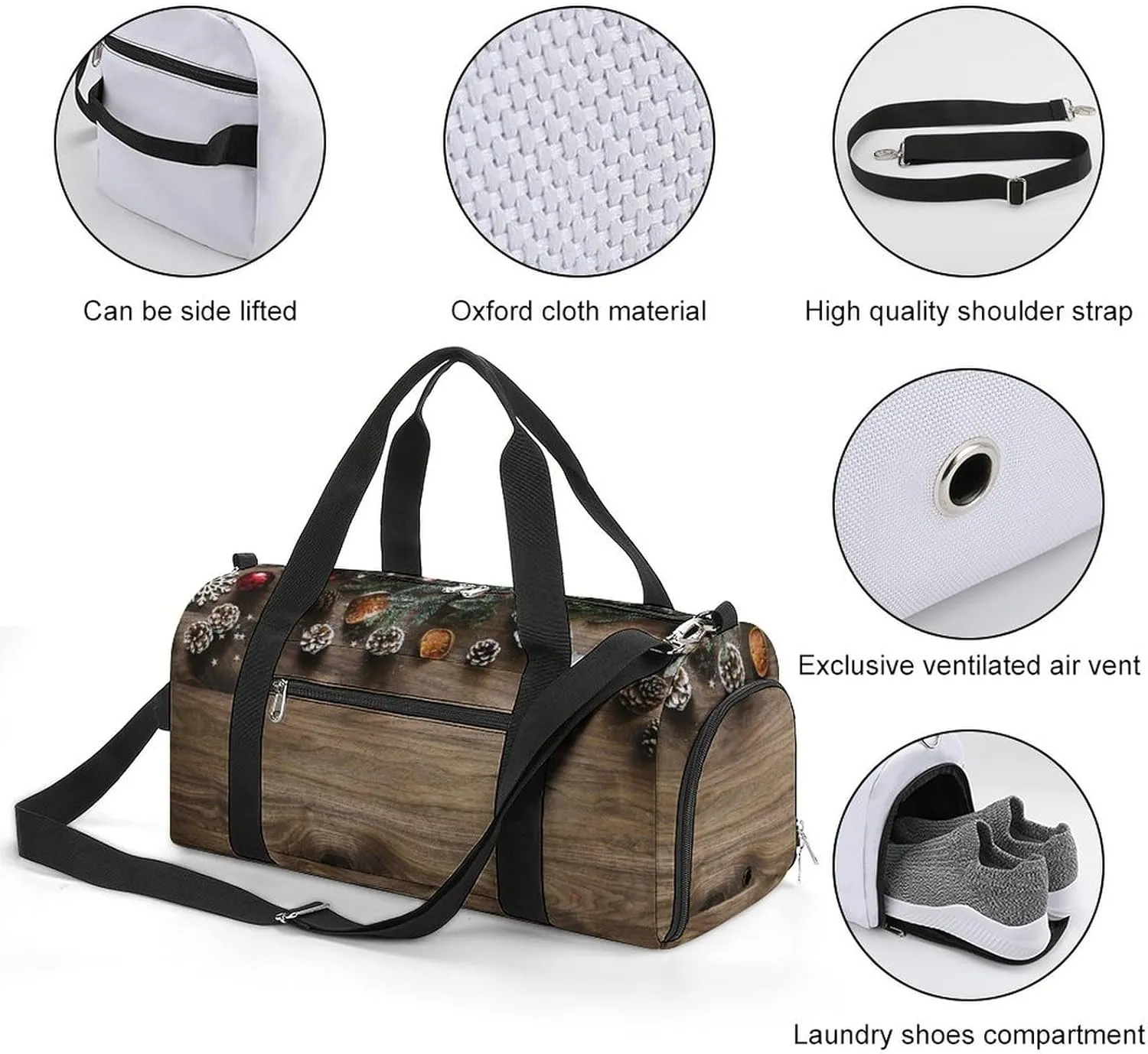 Sport Gym Duffel with Shoe Compartment Wet Pocket, Christmas-wooden Print Shoulder Travel Bag for Women Men, style