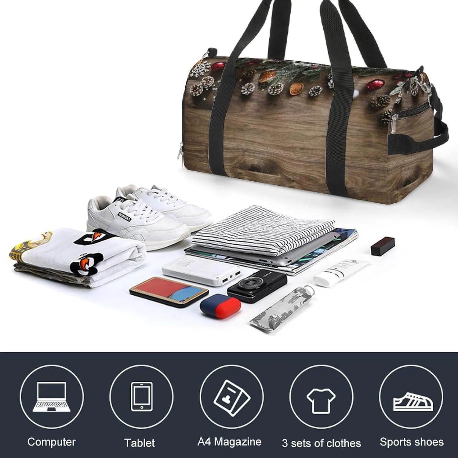 Sport Gym Duffel with Shoe Compartment Wet Pocket, Christmas-wooden Print Shoulder Travel Bag for Women Men, style