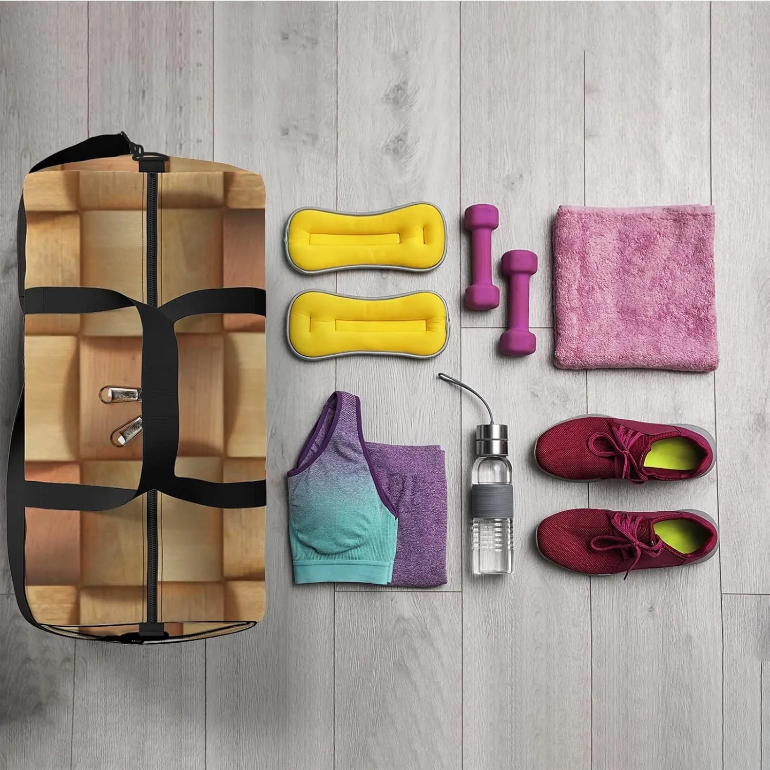 Sports Gym Bag for Women and Men Waterproof 3d Wooden Pattern Brown Duffel Bag Lightweight Carryon Traveling Boarding Gripsack