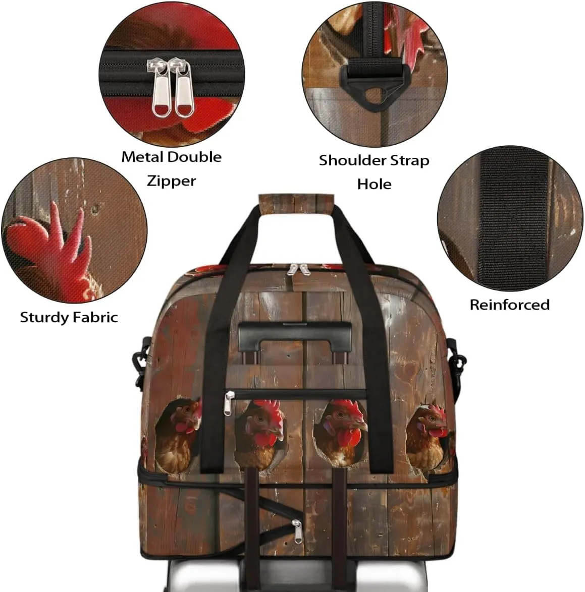 Sports Gym Bag Funny Rooster Wooden Frame Large Travel Duffel Bag With Shoe Compartment Foldable Waterproof Carry-On Weekend Travel Bags for Camping Overnight Yoga Hospital Travel Bags