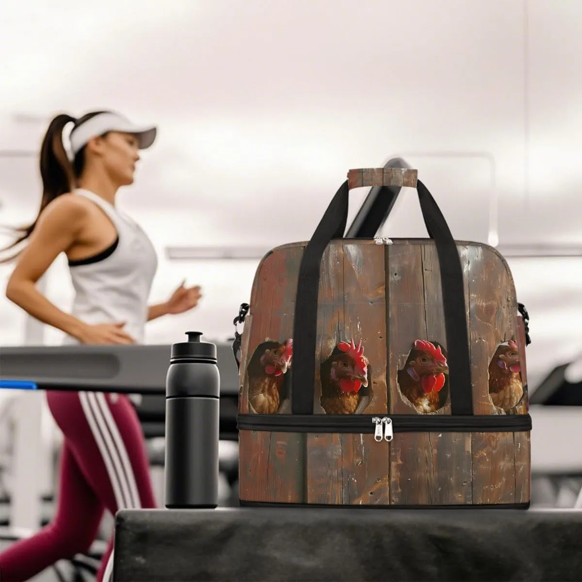 Sports Gym Bag Funny Rooster Wooden Frame Large Travel Duffel Bag With Shoe Compartment Foldable Waterproof Carry-On Weekend Travel Bags for Camping Overnight Yoga Hospital Travel Bags