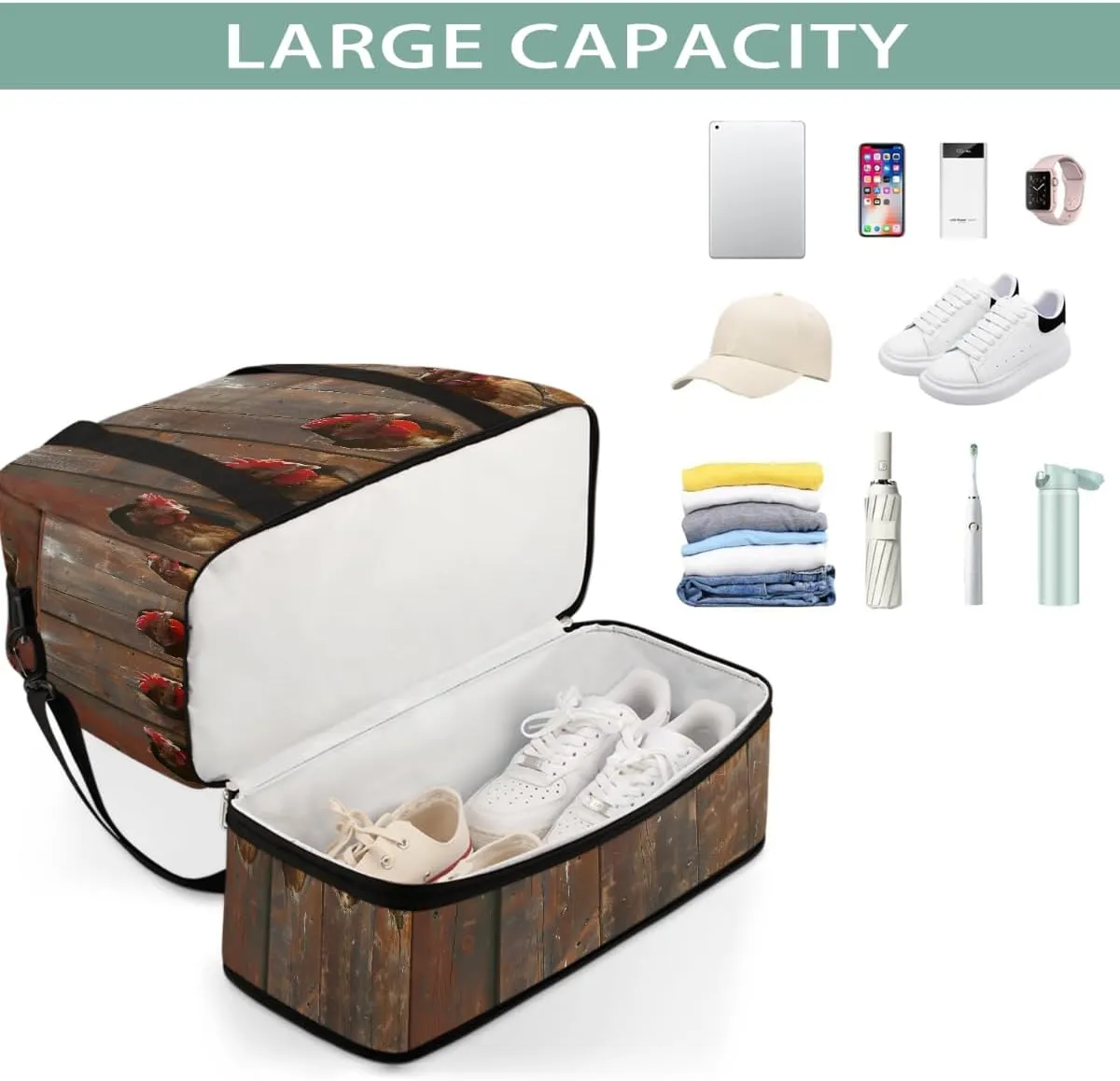 Sports Gym Bag Funny Rooster Wooden Frame Large Travel Duffel Bag With Shoe Compartment Foldable Waterproof Carry-On Weekend Travel Bags for Camping Overnight Yoga Hospital Travel Bags