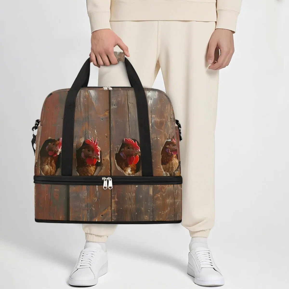 Sports Gym Bag Funny Rooster Wooden Frame Large Travel Duffel Bag With Shoe Compartment Foldable Waterproof Carry-On Weekend Travel Bags for Camping Overnight Yoga Hospital Travel Bags
