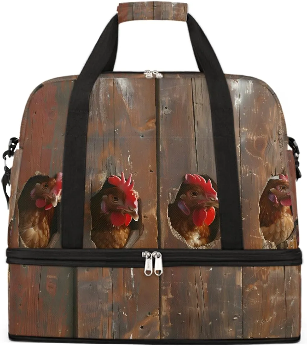 Sports Gym Bag Funny Rooster Wooden Frame Large Travel Duffel Bag With Shoe Compartment Foldable Waterproof Carry-On Weekend Travel Bags for Camping Overnight Yoga Hospital Travel Bags