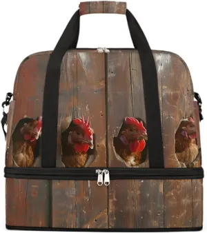 Sports Gym Bag Funny Rooster Wooden Frame Large Travel Duffel Bag With Shoe Compartment Foldable Waterproof Carry-On Weekend Travel Bags for Camping Overnight Yoga Hospital Travel Bags