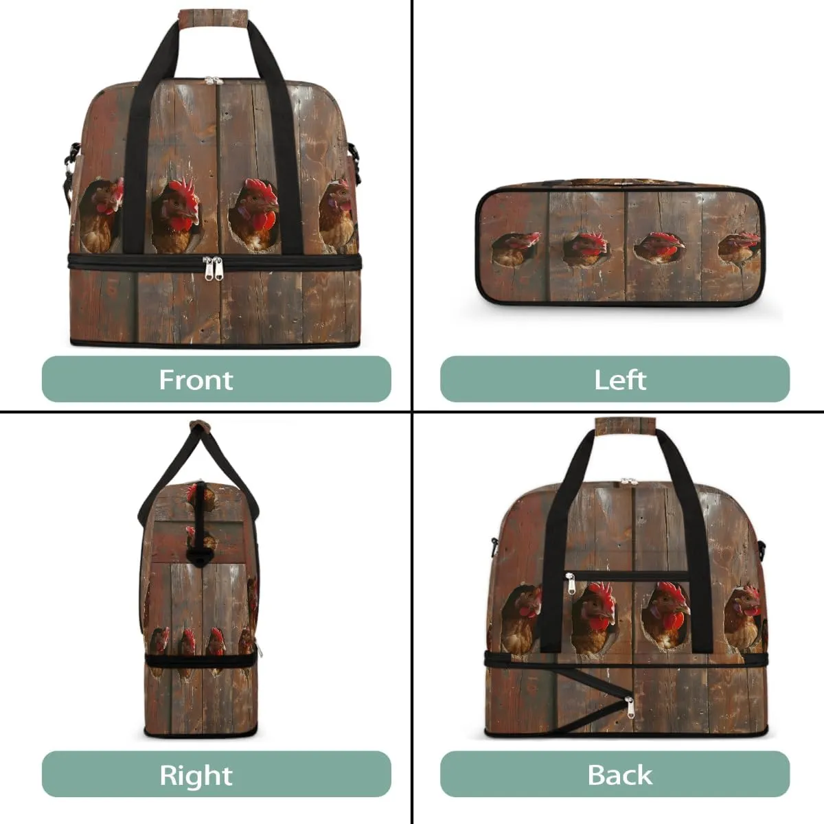 Sports Gym Bag Funny Rooster Wooden Frame Large Travel Duffel Bag With Shoe Compartment Foldable Waterproof Carry-On Weekend Travel Bags for Camping Overnight Yoga Hospital Travel Bags