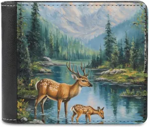 Spring Deer by Mountain Stream Slim Mens Leather Wallet Minimalist Blocking Bifold Wallets Purse with 6 Credit Card Holder