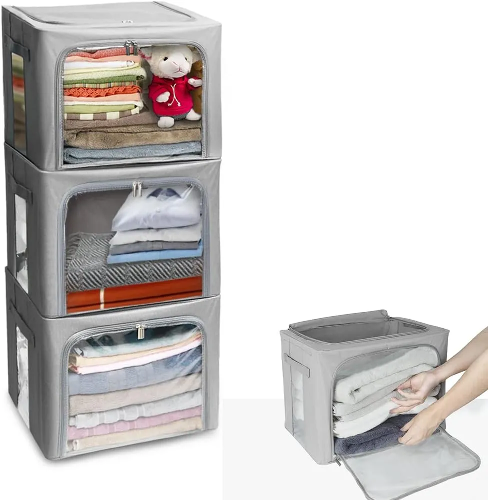 Stackable Clothes Storage Box for Clothing Gadgets,Steel Frame Storage Bins for Toys Gift,Foldable Oxford Fabric Closet Organizer Bag Set w/ Carry Handles Clear Window (Medium- 40L x3 Pack, Grey)