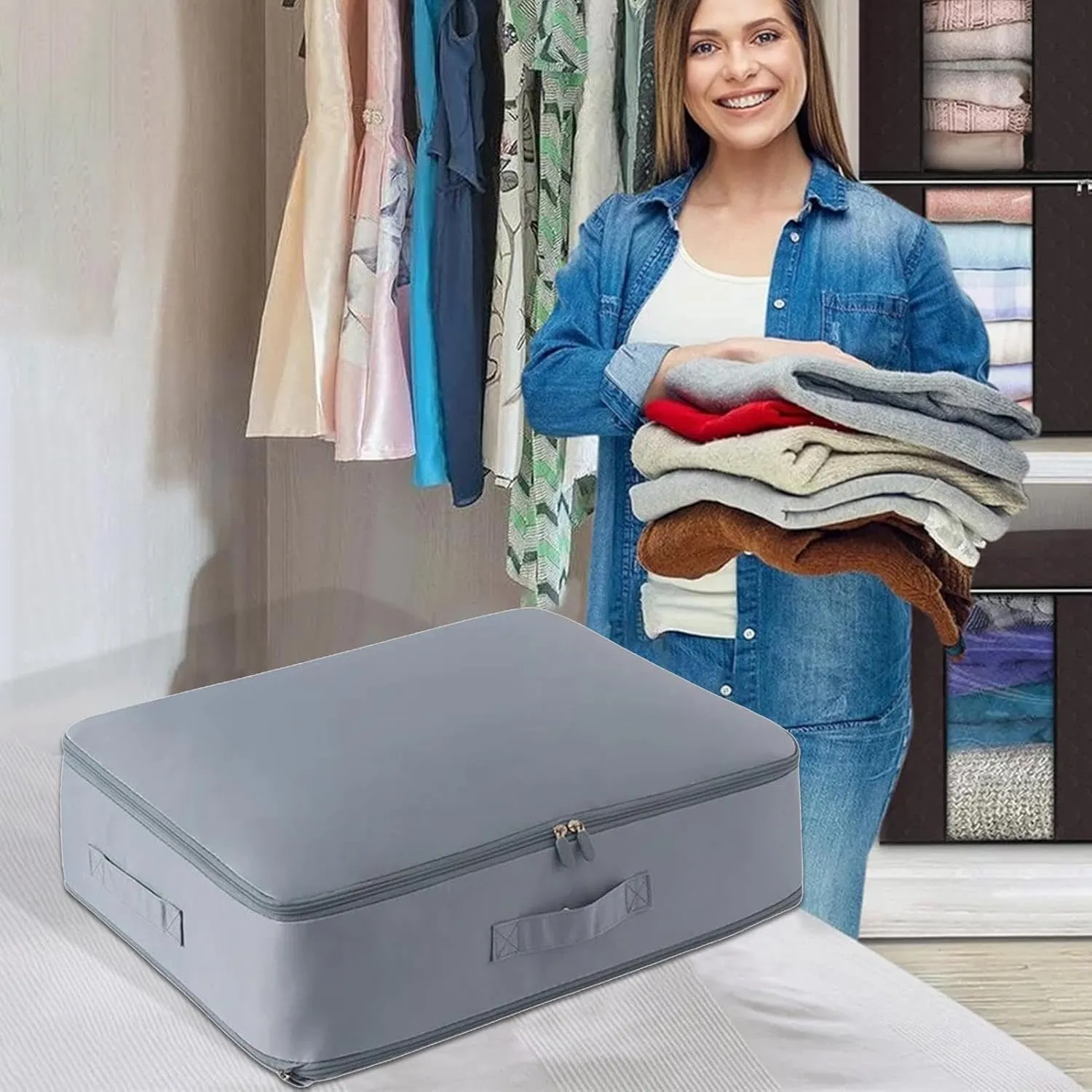 Storage Bags for Clothes, Foldable Blanket Clothing Storage Bags with Lids and Reinforced Handle, 2024 New Ultra Space Saving Se-lf Compression Organizer, Blue/L, NL39G0Q60BUT8DMHE