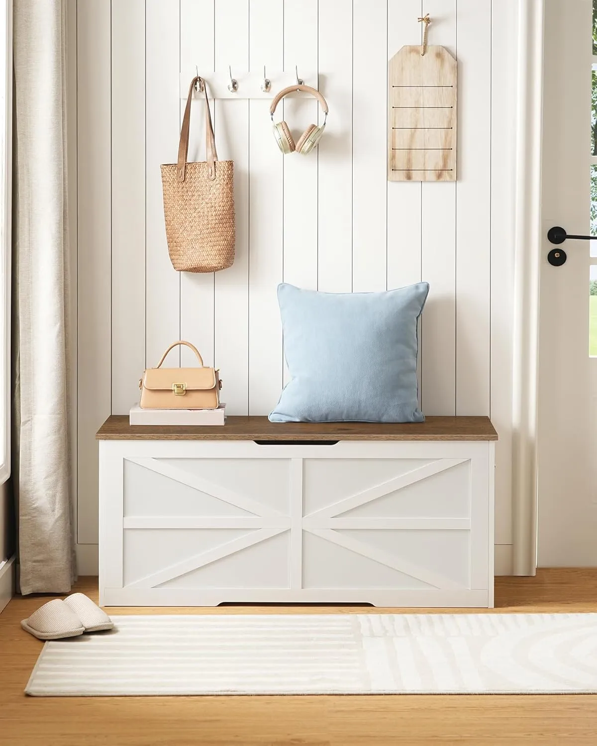 Storage Chest, 43.3" Wooden Storage Trunk, Modern Storage Bench with Safety Hinge, Toy Chest Storage, Farmhouse Style, for Bedroom, Living Room, Walnut and White MCW11WL
