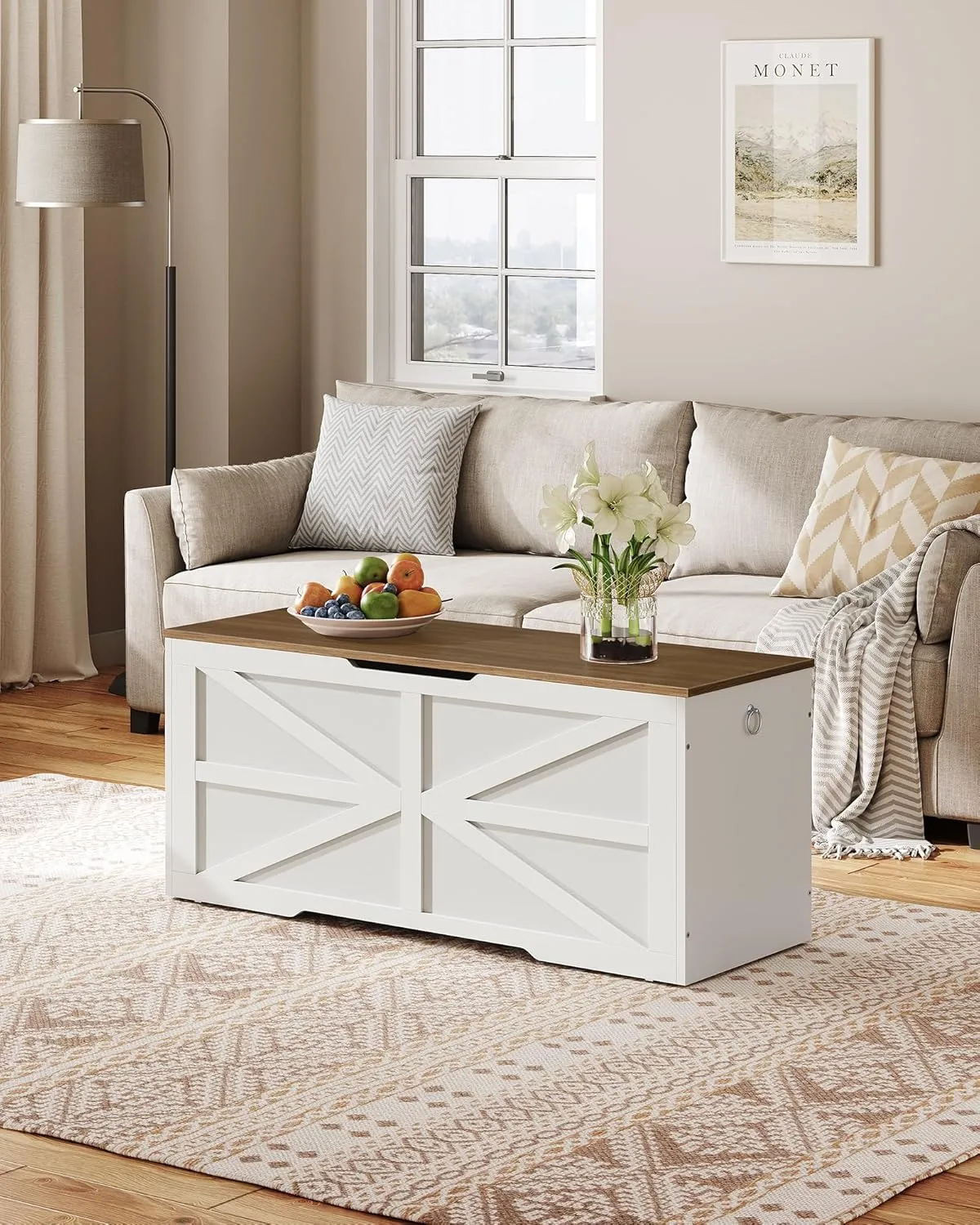 Storage Chest, 43.3" Wooden Storage Trunk, Modern Storage Bench with Safety Hinge, Toy Chest Storage, Farmhouse Style, for Bedroom, Living Room, Walnut and White MCW11WL