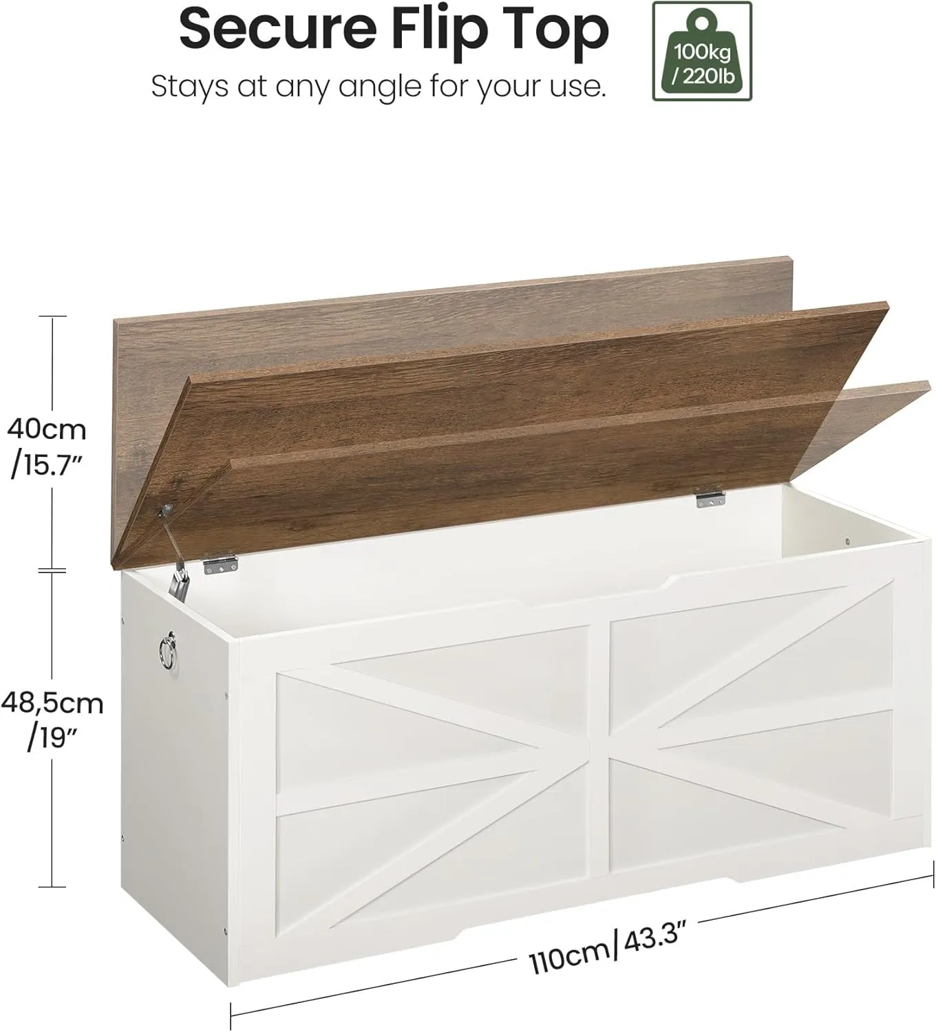 Storage Chest, 43.3" Wooden Storage Trunk, Modern Storage Bench with Safety Hinge, Toy Chest Storage, Farmhouse Style, for Bedroom, Living Room, Walnut and White MCW11WL