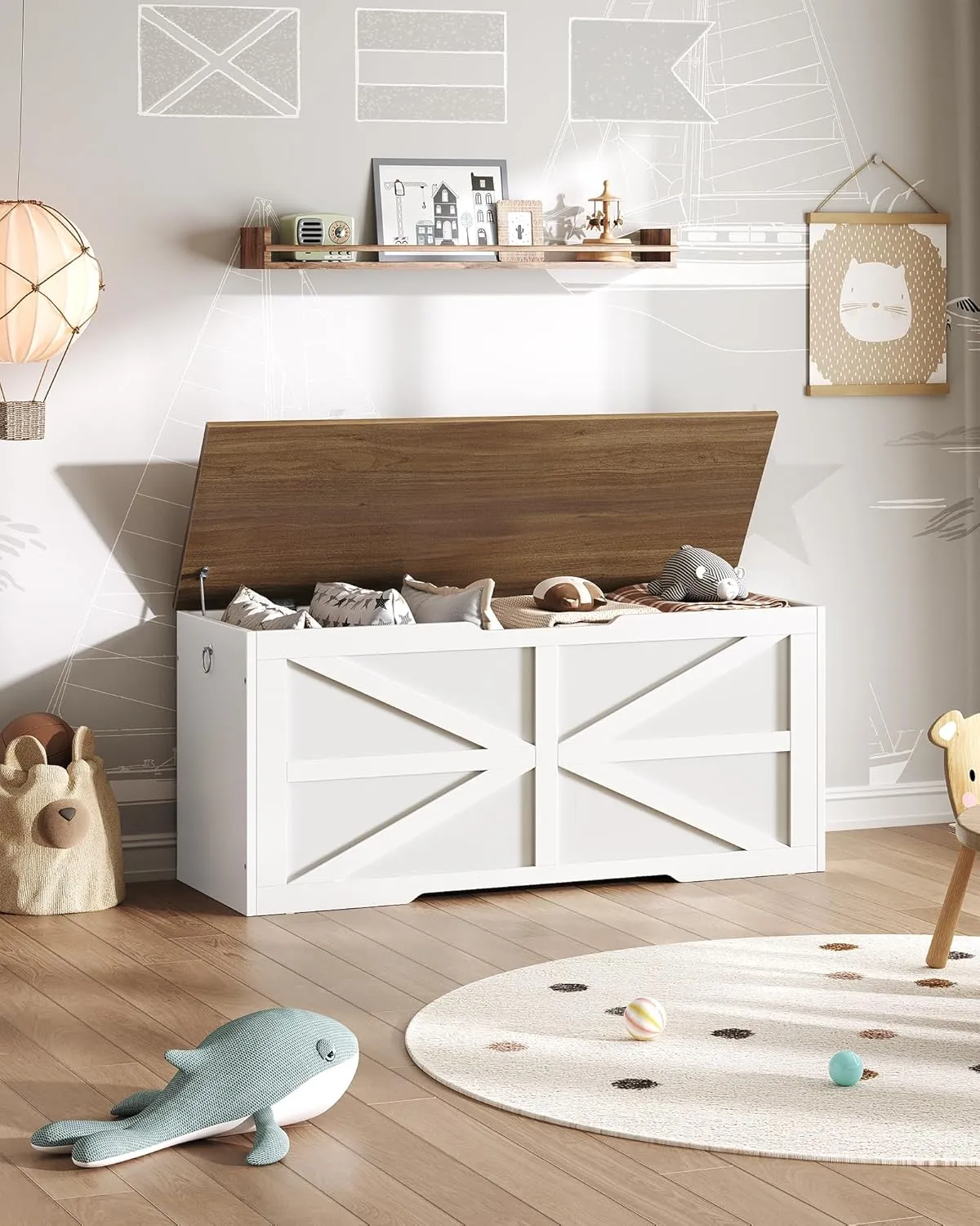 Storage Chest, 43.3" Wooden Storage Trunk, Modern Storage Bench with Safety Hinge, Toy Chest Storage, Farmhouse Style, for Bedroom, Living Room, Walnut and White MCW11WL