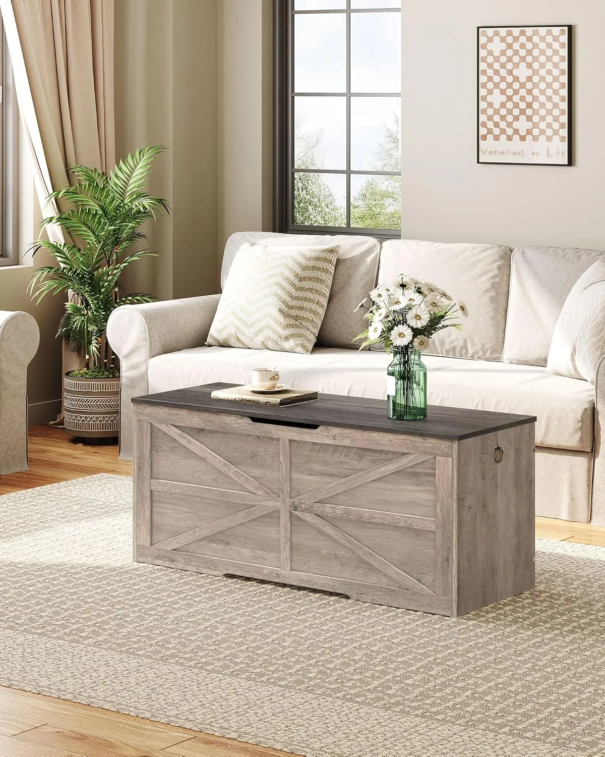 Storage Chest, 43.3" Wooden Storage Trunk, Retro Storage Bench with Safety Hinge, Toy Box, Farmhouse Style, for Bedroom, Living Room, Charcoal Gray and Greige MCW11HC