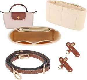 Strap and Purse Organizer Insert for Longchamp Mini Bag, Folding Tote Bag organizer insert, Punch-Free Adjustable Buckle Strap Design, Multi-Pocket Felt Handbag Organizer
